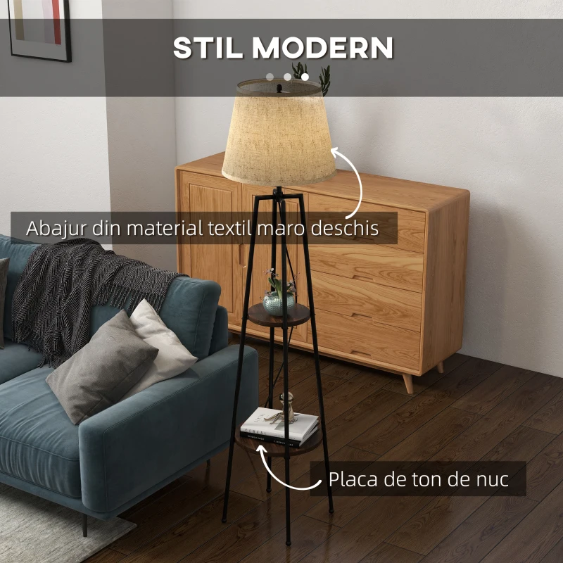 HOMCOM Lampa de Podea cu Rafturi, Lampi Moderne Inalte Independente pentru Camera de Zi, Dormitor, cu Abajur din Material Textil (Becul nu este Inclus), Nuc Maro si Maro Deschis
