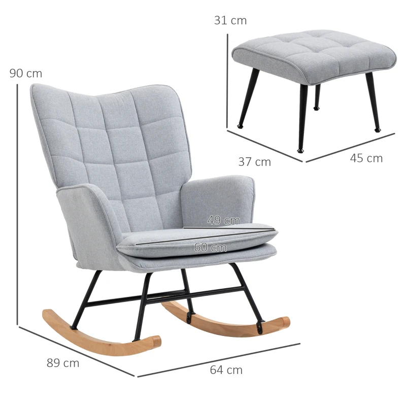HOMCOM Rocking chair with Ottoman Scandinavian design Rocking chair with footstool, Beech wood, Tufting, 64 cm x 89 cm x 90 cm Gray