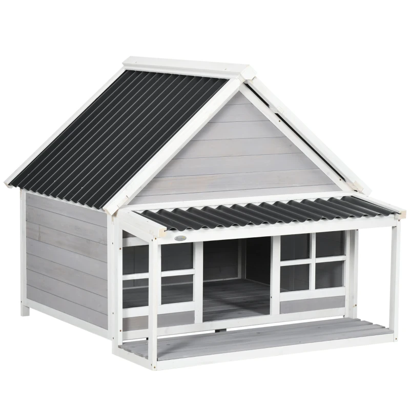 PawHut Casuta Caini de Exterior – Lemn cu Veranda Rezistenta