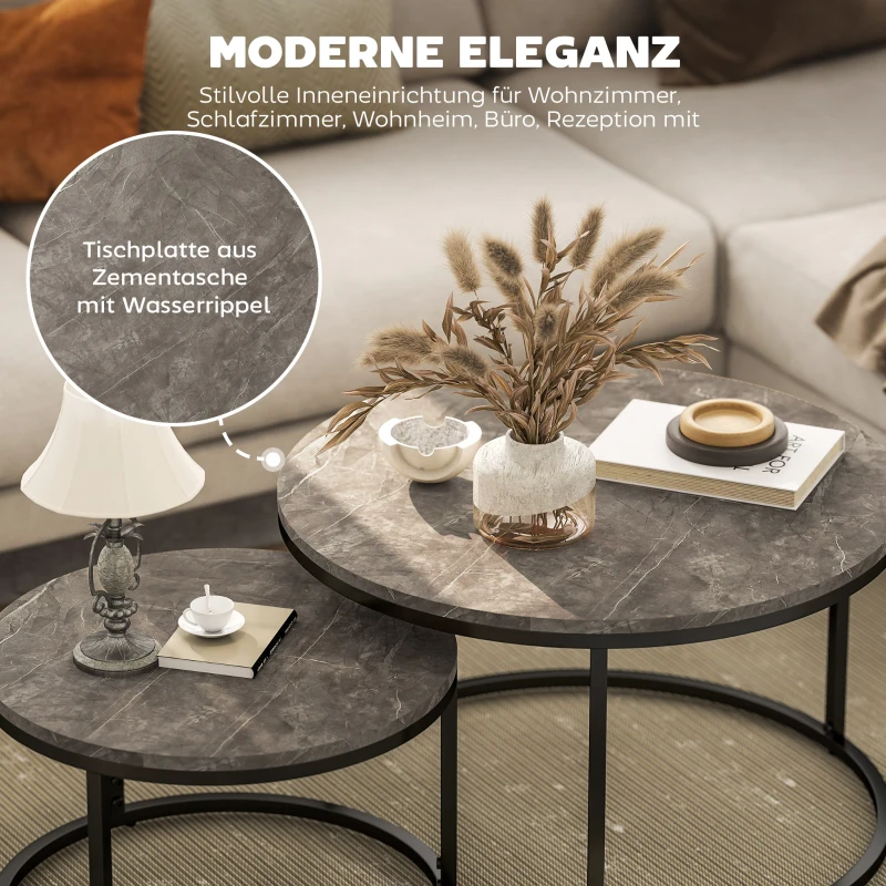 HOMCOM 2er-Set runde Couchtische, stapelbare Beistelltische mit Metallrahmen, Wohnzimmertisch in Marmoroptik, Kaffeetisch, Grau(m-4)
