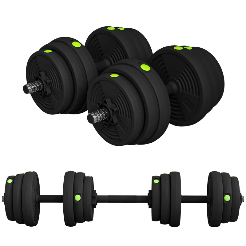 SPORTNOW Conjunto de Halteres 25 kg 2 em 1 com Barra e Pega Antiderrapante para Treino de Força em Casa Ginásio Escritório Preto e Verde