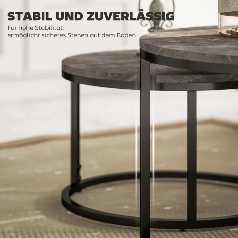 HOMCOM 2er-Set runde Couchtische, stapelbare Beistelltische mit Metallrahmen, Wohnzimmertisch in Marmoroptik, Kaffeetisch, Grau(m-6)
