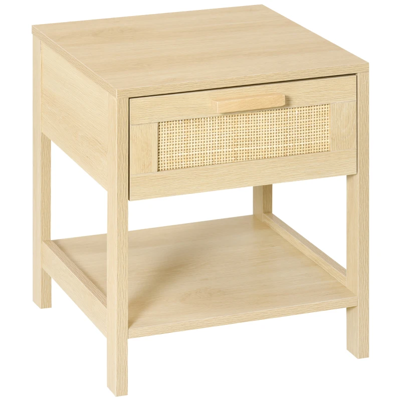 HOMCOM Noptiera Moderna din MDF, Noptiera cu Sertar si Raft Inferior pentru Depozitare, 40x40x48 cm, culoare Lemn Natur