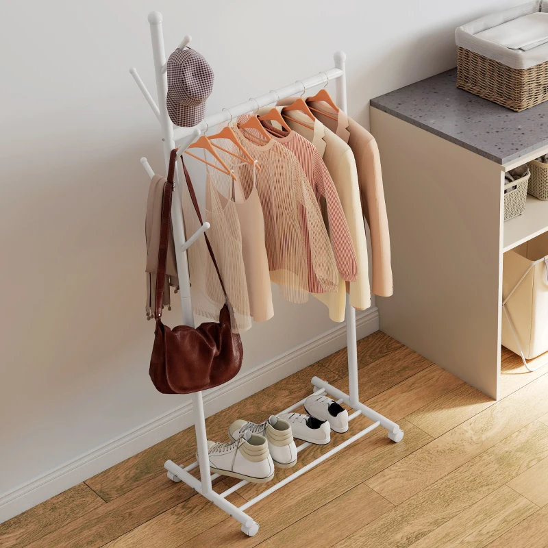 HOMCOM Clothes rack on casters, mobile coat rack with clothes rail, 5 hooks, shoe shelf, White