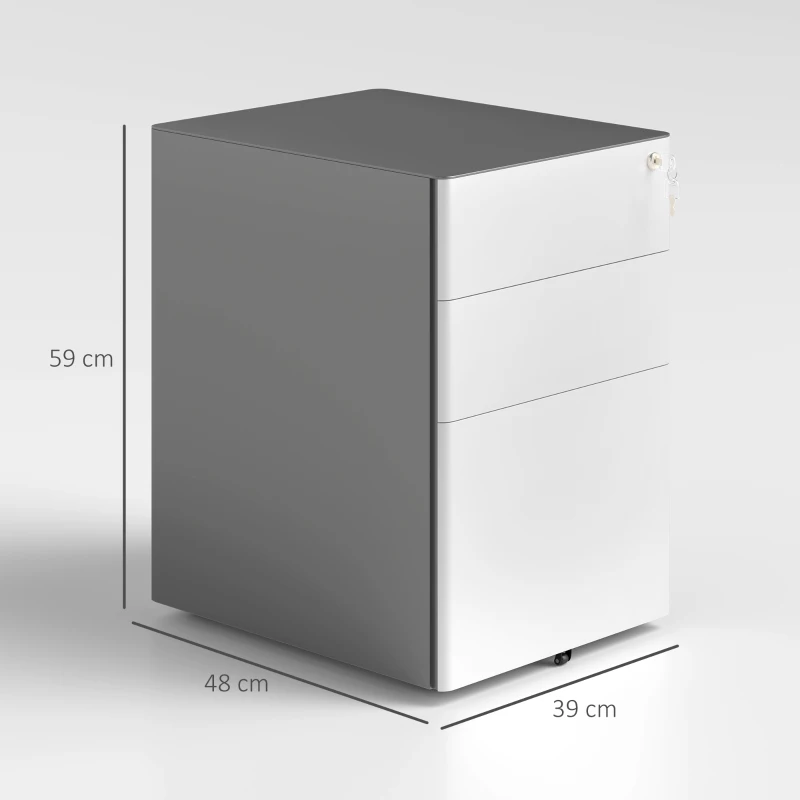 Vinsetto Filing cabinet, Rolling cabinet, 3 Drawers & Hanging File, Lock, Steel Housing, 39x48x59 cm, White+Gray