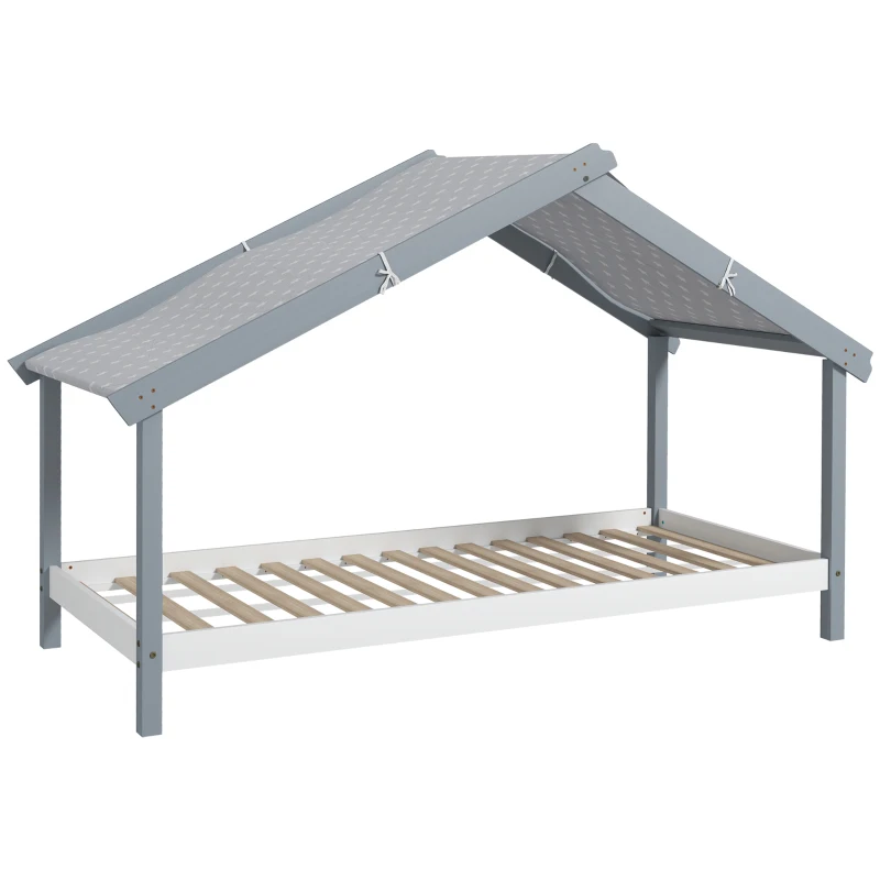 HOMCOM Pat Montessori pentru Copii în Formă de Căsuță cu Acoperiș Înstelat, Pat cu 15 Șipci, 213x100x140 cm, Gri