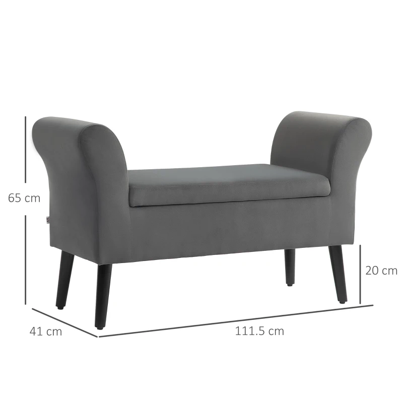 HOMCOM Upholstered bench with storage, chest bench with armrests, 46 cm seat height, velvet-like polyester, 111.5 x 41 x 65 cm, Dark Gray