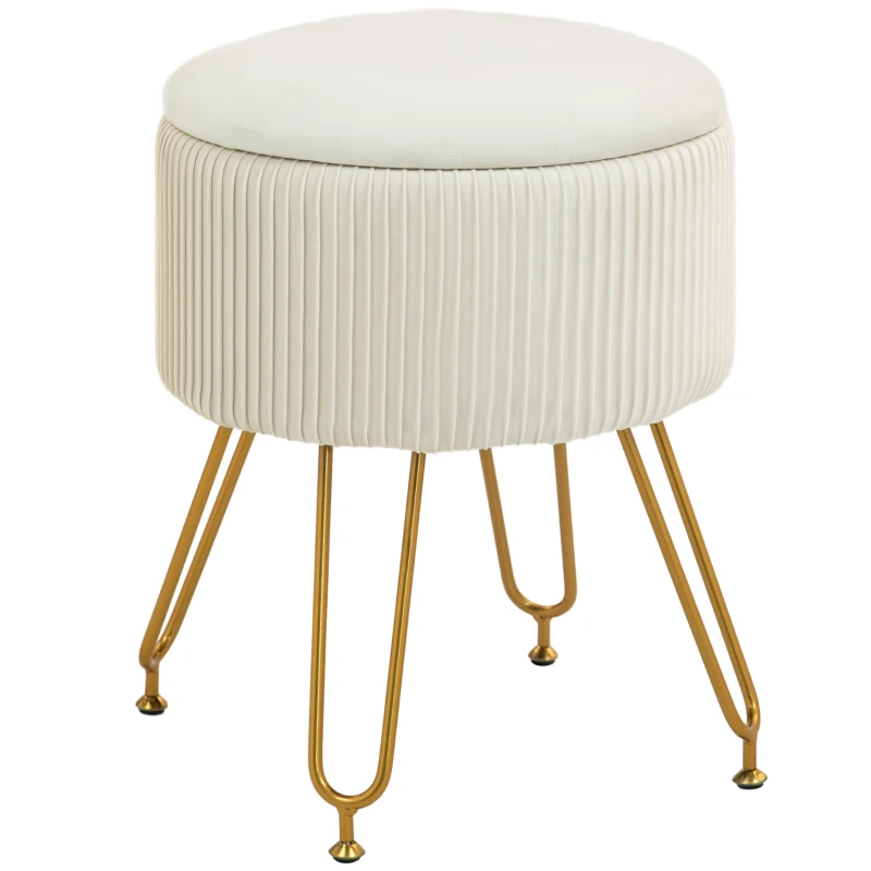 HOMCOM 2-in-1 storage ottoman with metal legs, round footstool for living room, bedroom, hallway, Cream White