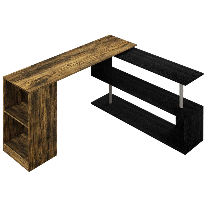 HOMCOM Birou de Colț Spațiu Economic cu Raft în Formă de S, Birou Modern din Lemn, 140x120x78 cm, Maro Rustic