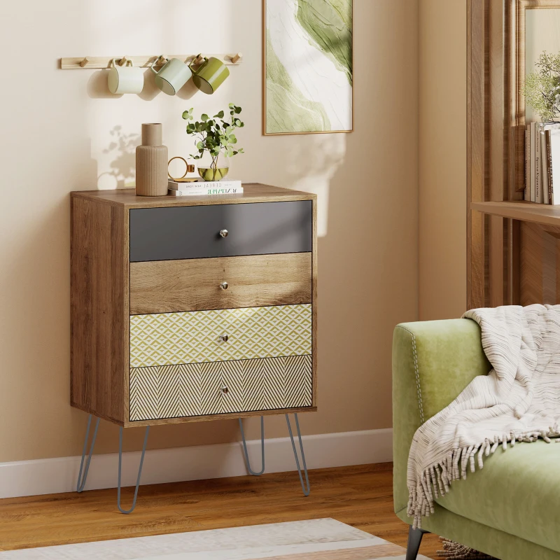 HOMCOM Kommode mit 4 Schubladen Gabelbeine aus Stahl Boho‑Stil 60x39x86 cm Mehrfarbig