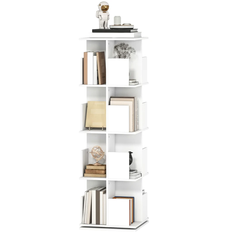 HOMCOM Bibliothèque rotative à 4 niveaux, étagère rangement avec 16 compartiments, 39 x 39 x 128,3 cm, blanc