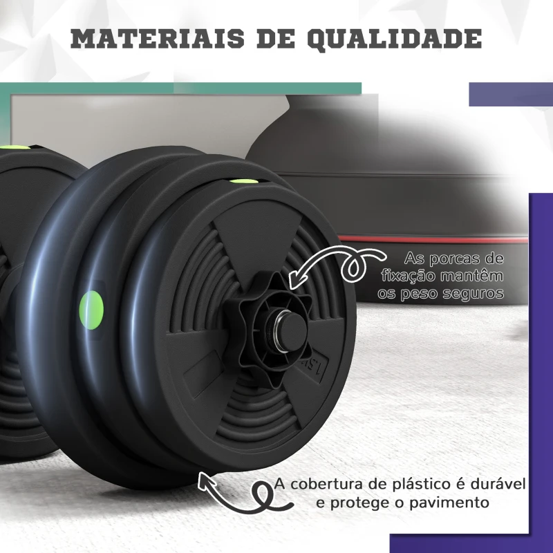 SPORTNOW Conjunto de Halteres 25 kg 2 em 1 com Barra e Pega Antiderrapante para Treino de Força em Casa Ginásio Escritório Preto e Verde