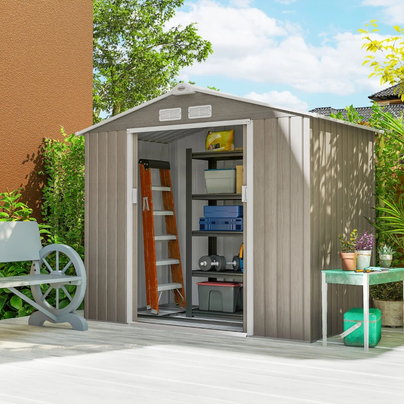 Outsunny Magazie Grădină Metalică cu Orificii de Ventilație și Ușă Culisantă Dublă pentru Grădinarit și DIY, 213x130x185 cm, Maro(m-2)