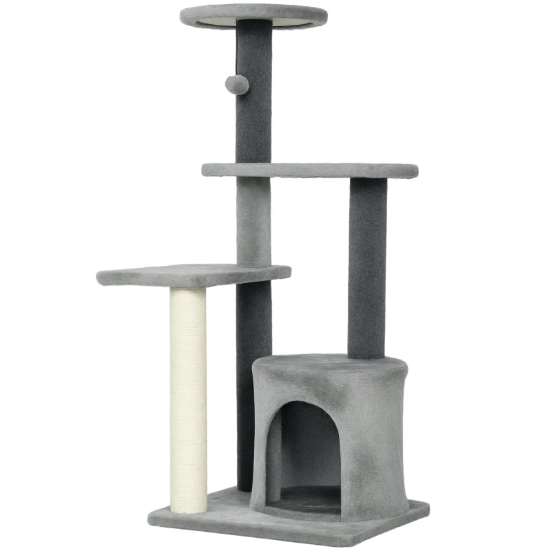 PawHut Albero per Gatti Multilivello Alto 103 cm con Pali Tiragraffi in Sisal, Casetta e Pallina in Peluche, Grigio