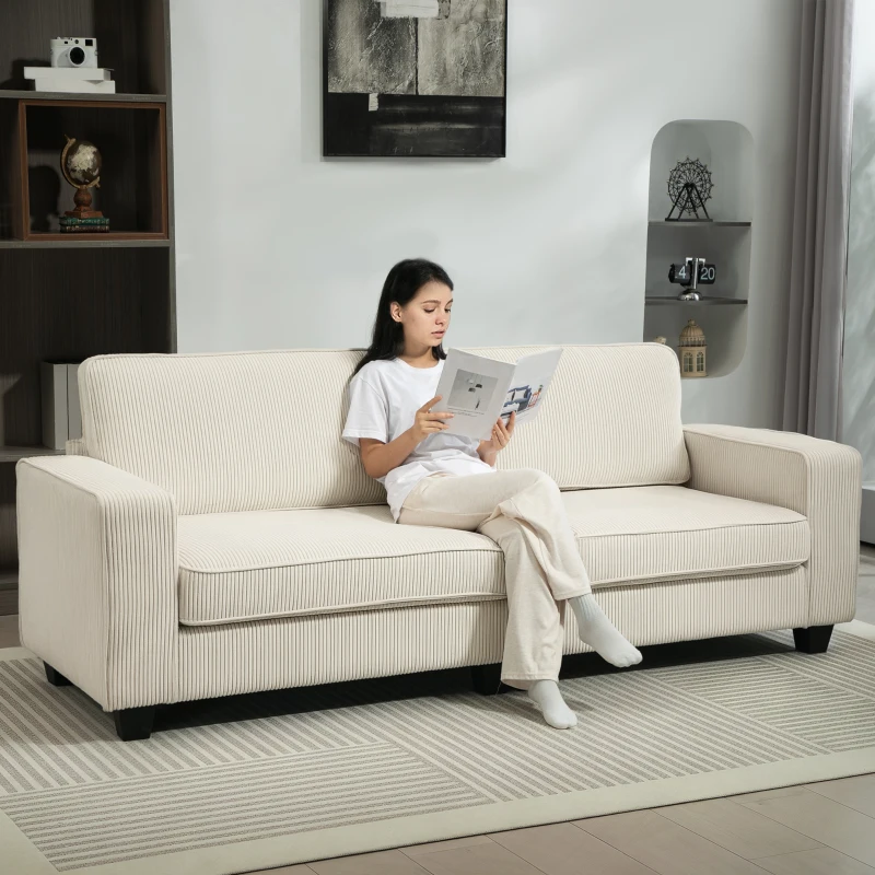 HOMCOM 3-seater sofa with corduroy cover, living room sofa with coil springs, up to 400 kg, 227 x 84 x 87 cm, Cream white