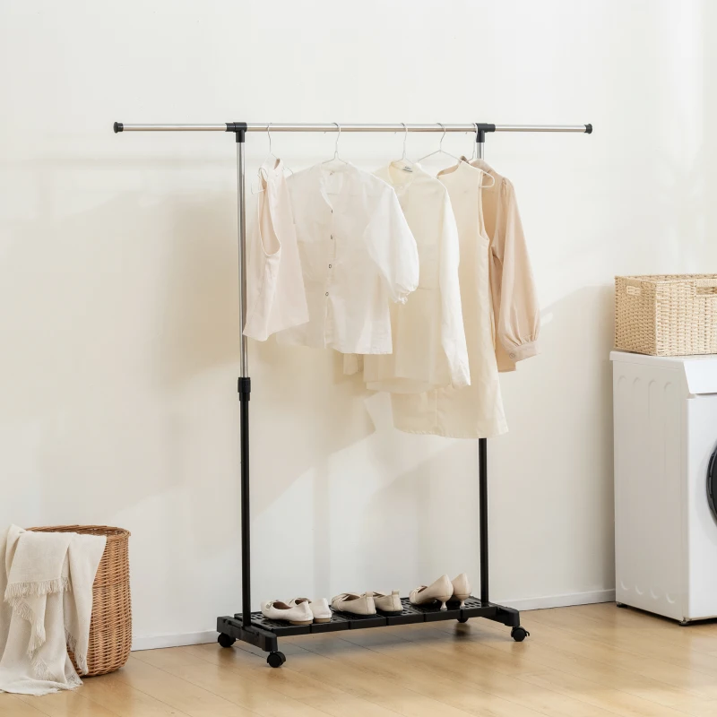 HOMCOM Charriot com Rodas com Barra de Aço Inoxidável e Prateleira para Sapatos Altura Ajustável 94-159x42x93-168 cm Preto