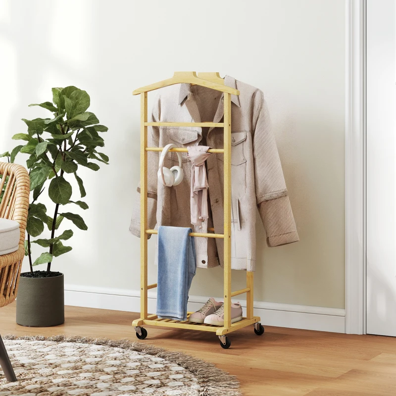 HOMCOM Kleiderständer auf Rollen, Bambus-Garderobe, integrierter Doppelbügel, 47 x 33,7 x 105,5 cm, Naturholz