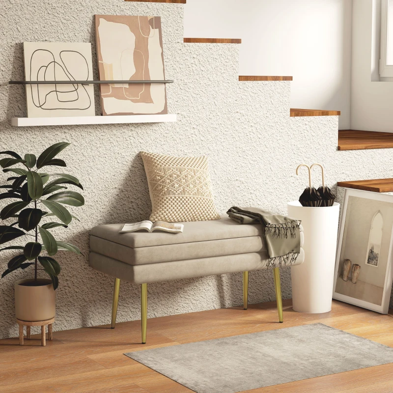 HOMCOM Upholstered Storage Bench, with Storage, Steel, 79.5 cm x 37.5 cm x 43 cm, Beige
