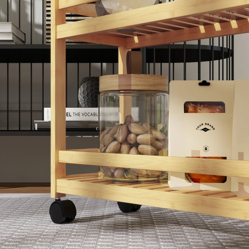 HOMCOM Serving cart, 3 tiers, slatted shelves, anti-fall guard, bamboo, 55 x 20 x 75 cm