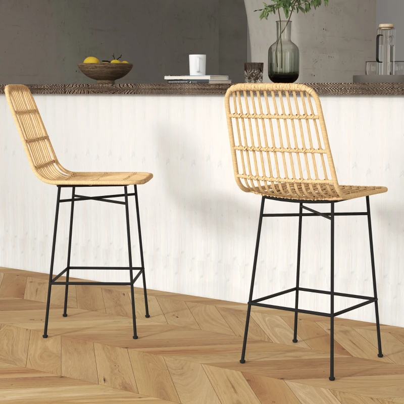 HOMCOM Barstool, Boho style, PE rattan, 45 x 53.5 x 105 cm, Natural + Black