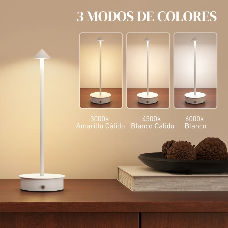HOMCOM Juego de 2 Lámparas de Mesa LED Recargables con USB y Control Táctil y Luz Regulable Ø10x30 cm Blanco