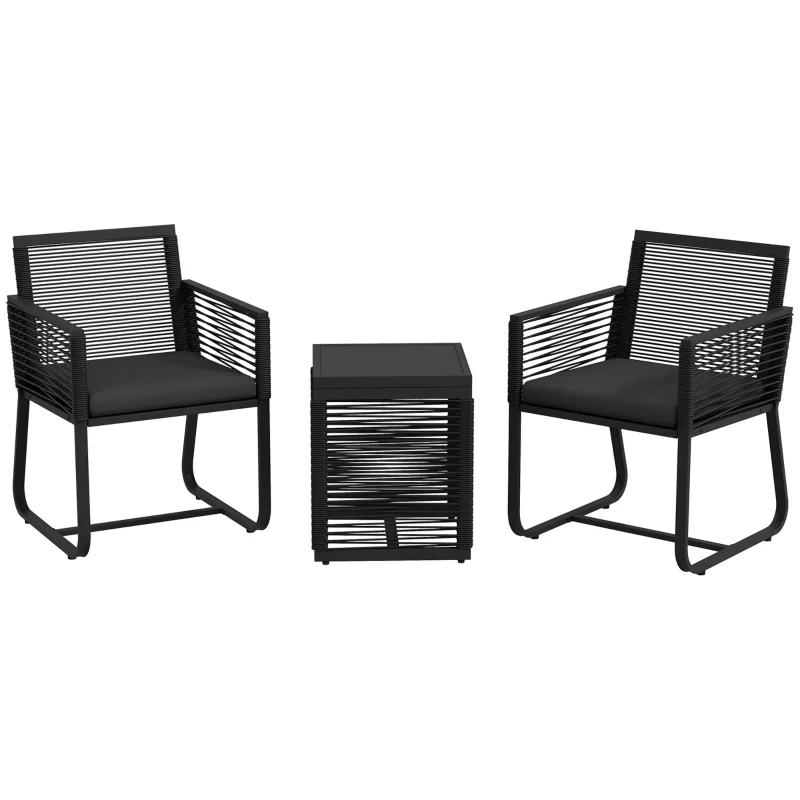 Outsunny Set de Mobilier de Grădină din 3 Piese din Ratan, Set cu Masă din Sticlă Securizată și Perne Moi, 53x57x77 cm, Negru