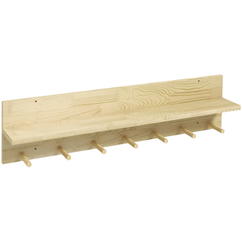 HOMCOM Raft Suspendat din Lemn de Brad, Raft de Perete cu 7 Carlige, Ton Natural