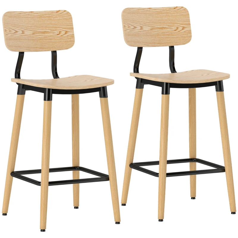 HOMCOM 2-Piece Bar Stool Set with Backrest, Bar Stools for Home Bar, Kitchen Island, Dining Room, Wood, Metal, Light Brown