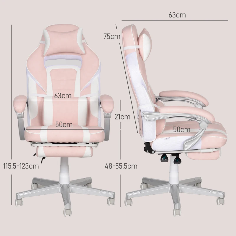 HOMCOM Gaming chair with footrest, head & lumbar cushions, swivel, height-adjustable, Pink