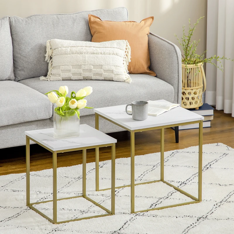 HOMCOM 2-Piece Side Table Set, Stackable Side Tables, Marble-Effect Top, Gold + White