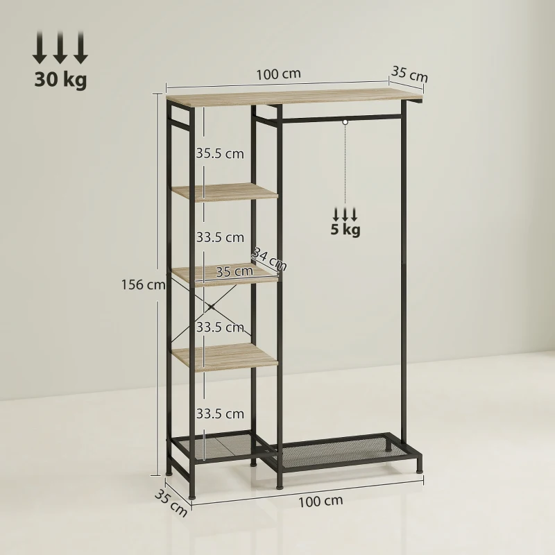 HOMCOM Coat rack, clothes stand with clothes rail, shoe shelf shelf anti-tip Oak