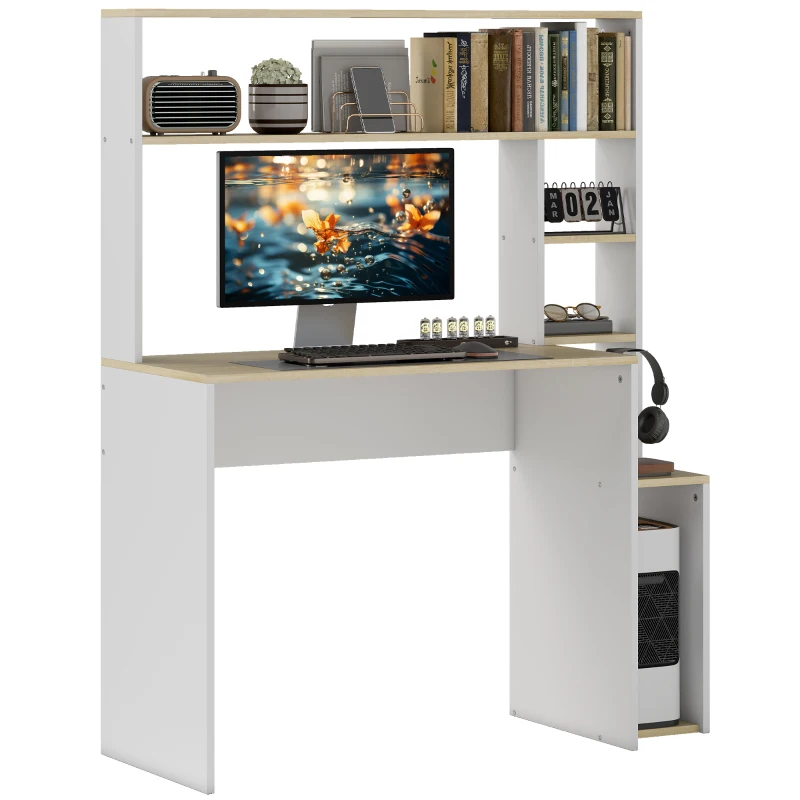 HOMCOM Computer Desk, Desk with Open Shelves and Storage Compartments, Steel, Light Brown+White