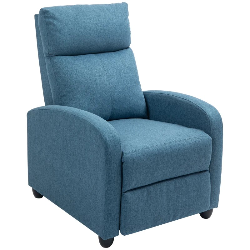HOMCOM Gepolsterter, reclinierbarer Sessel aus Leinenoptik-Stoff in Blau und Stahl mit Fußstütze, 69x88x101 cm