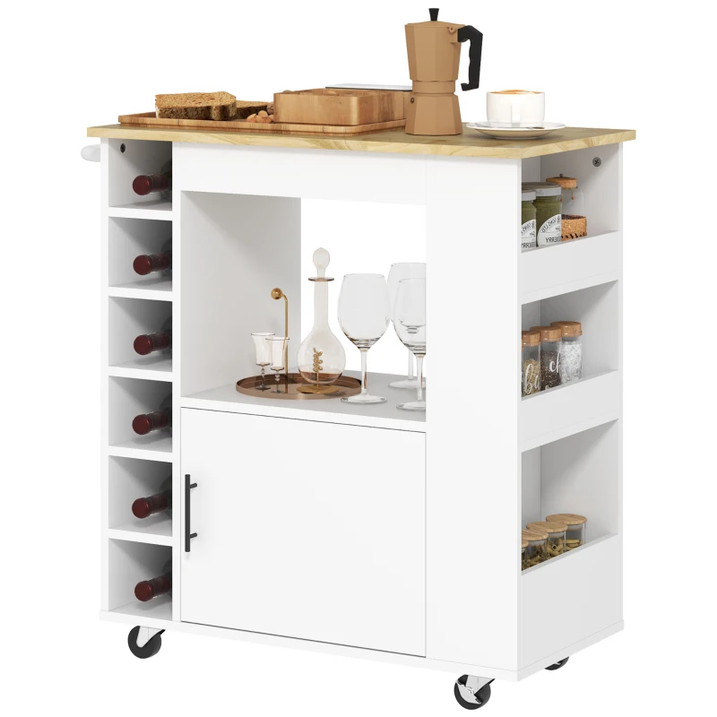 HOMCOM Kitchen trolley, rolling kitchen island, kitchen trolley with compartments, wine racks, cabinet and worktop, White