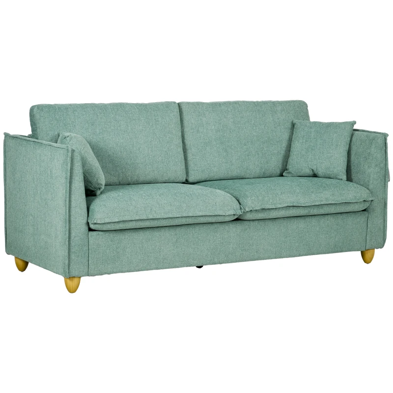 HOMCOM Canapea 3 Locuri din Tesatura, Canapea Capionata Stil Vintage cu Perne si Picioare din Lemn, 144x77x81cm, Verde