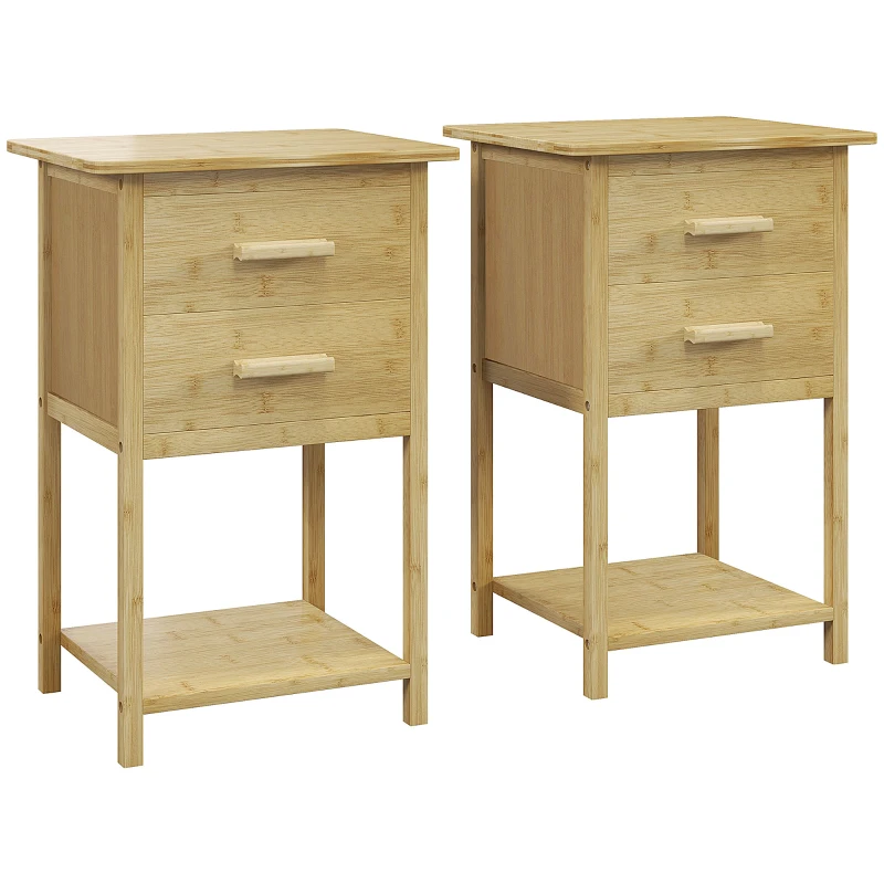HOMCOM Bedside tables, 2-pack, Scandi design, bamboo, 2 drawers & shelf, 40x34x60cm