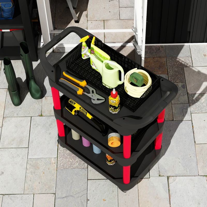HOMCOM Tool cart with 3 tiers, side handles, wheels, plastic, black