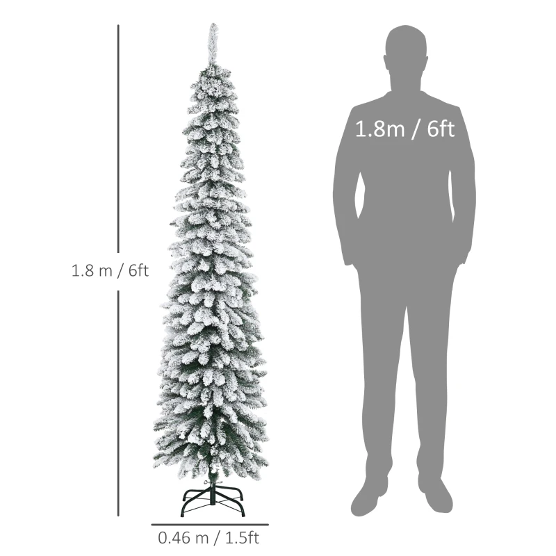 HOMCOM Artificial Christmas Tree, Snow-Covered, Slim Design, Fireproof, 180 cm, Green/White