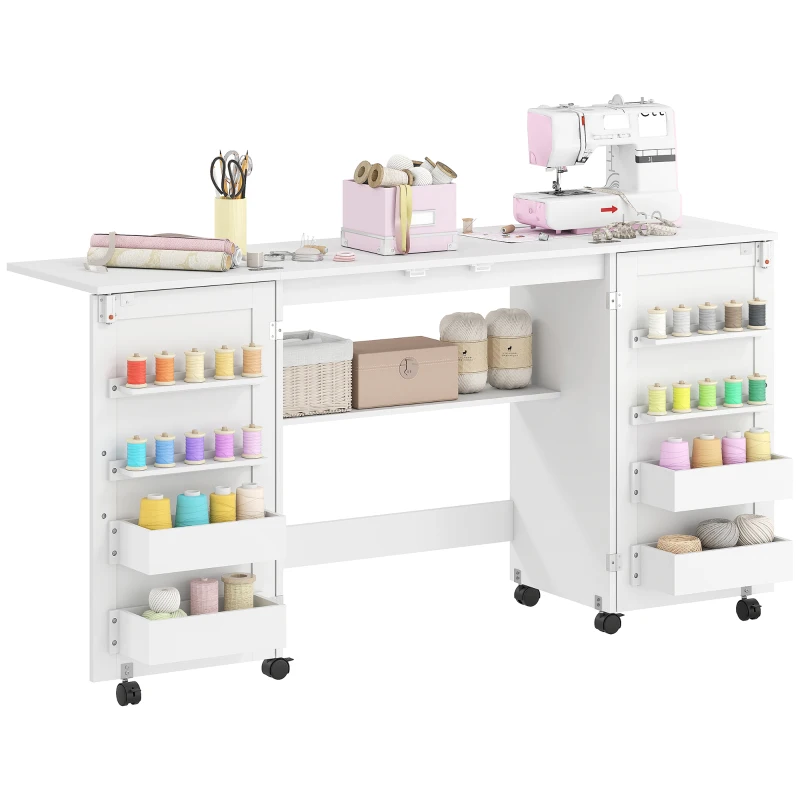 HOMCOM Mesa de Costura Dobrável com 6 Rodas Móvel para Máquina de Costura com 20 Pinos para Fios 4 Compartimentos 160x40x81,5 cm Branco