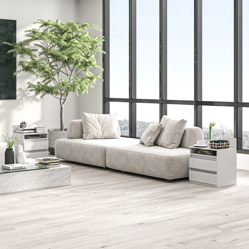 HOMCOM Nightstand 2-pack with drawers and shelf, modern side table for bedroom, white