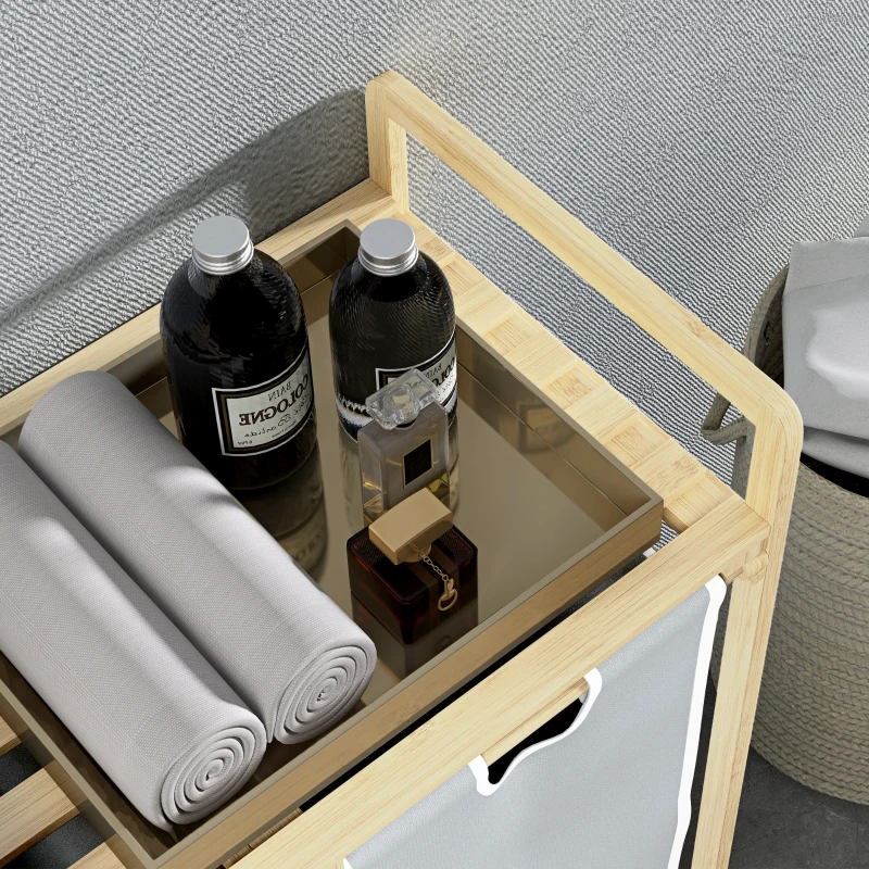 HOMCOM Laundry basket with 2 wash bags, 1 shelf, bamboo, 63.5 cm x 33 cm x 73 cm, Light gray + Natural