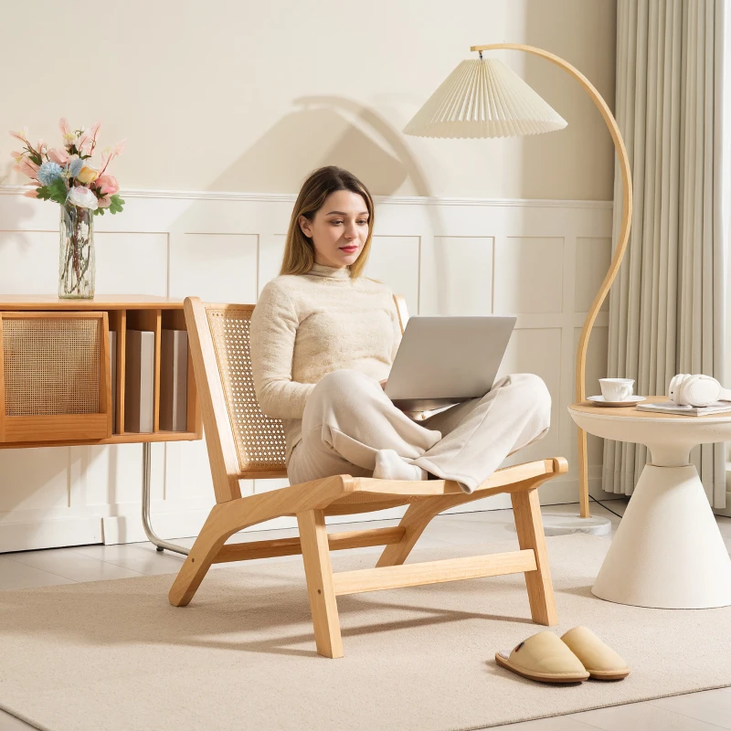 HOMCOM Rattan Chair, Reading Chair, Wood Frame, Wide Seat, 64 x 70 x 74 cm, Natural Wood