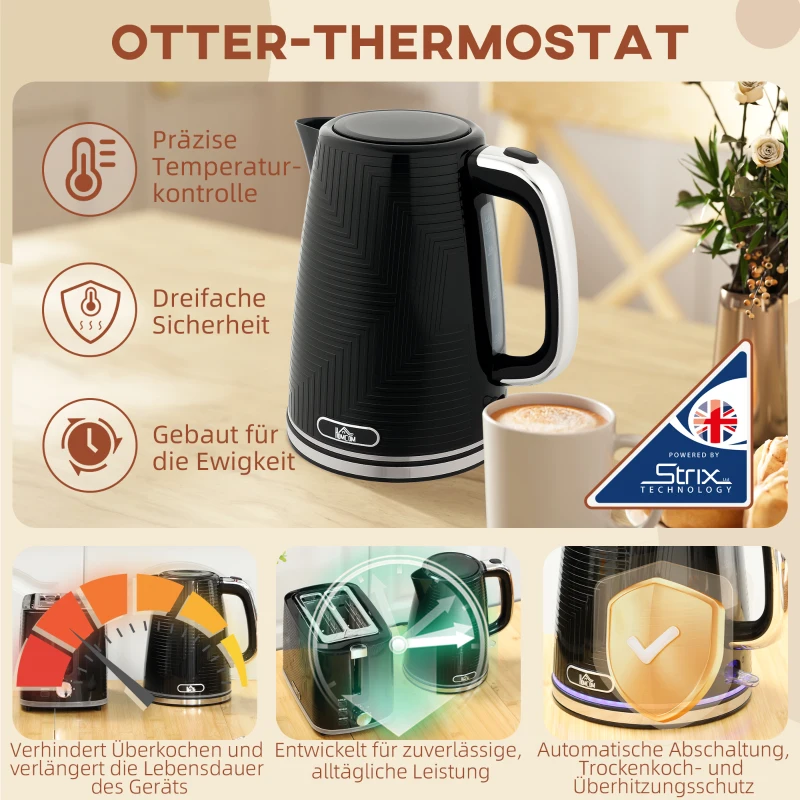 HOMCOM Waterkoker- en broodroosterset, 2200W, Otter-thermostaat, 2-sleuven broodrooster, 7 bruiningsstanden, kruimellade, zwart