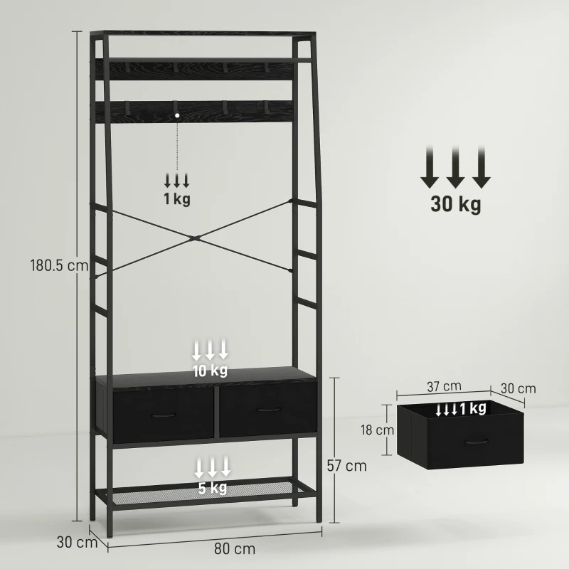HOMCOM Coat Rack with Shoe Shelf, Industrial-Style Clothes Rack, 2 Fabric Drawers, 8 Hooks, Metal Frame, Black