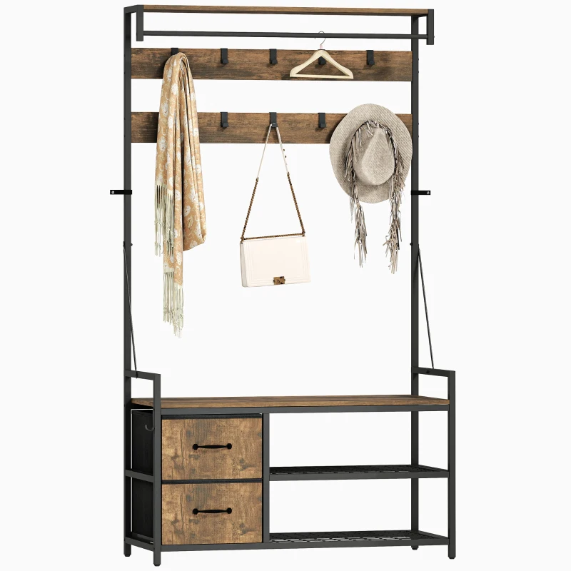 HOMCOM 6-in-1 Coat Rack with Shoe Bench and Shoe Shelf, Industrial Style, 10 Hooks, 2 Fabric Drawers, Metal, Brown