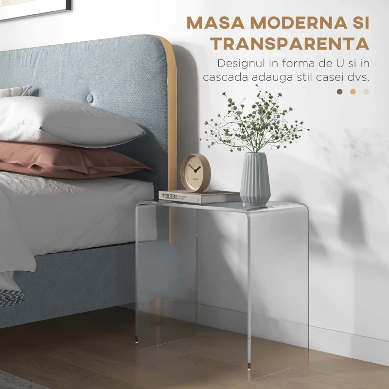 HOMCOM Masa Laterala din Acril Masa Laterala Moderna Fara Colturi cu Margini Rotunjite Spatiu de Depozitare pentru Spatii Mici Transparenta