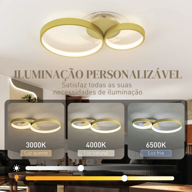 HOMCOM Candeeiro de Teto LED 40W Candeeiro Moderno com Iluminação LED 3000K/4000K/6500K 59x38x7,4 cm Dourado