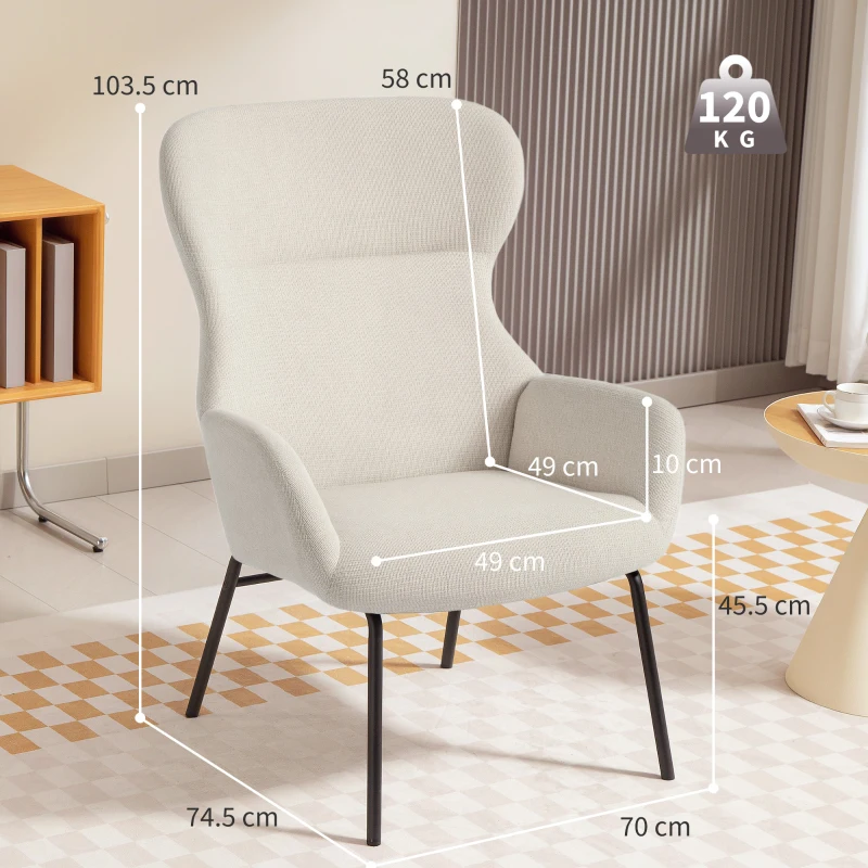 HOMCOM Modern Wingback Upholstered Chair, High Backrest, Thick Padding, Steel Legs, Cream White