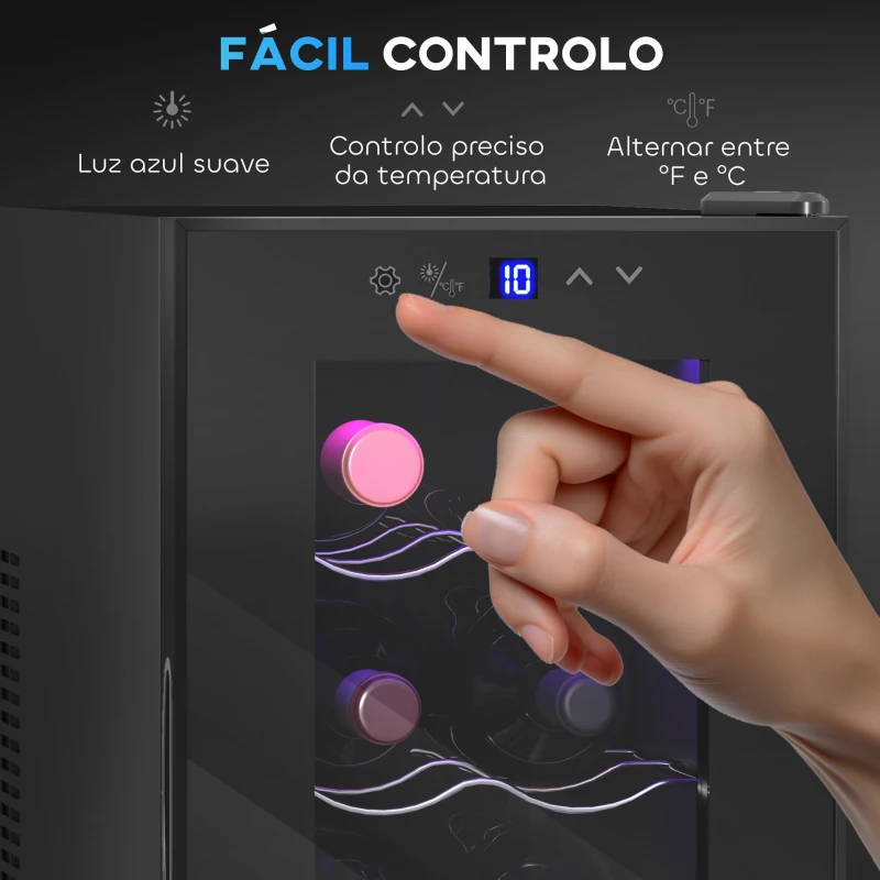 HOMCOM Cave para Vinhos com Refrigeração Termoelétrica Dupla Temperatura Ajustável 8-18℃ Porta de Vidro Anti-UV Ecrã LED Tátil Luz Interior 26,5x51,5x47,5 cm Preto