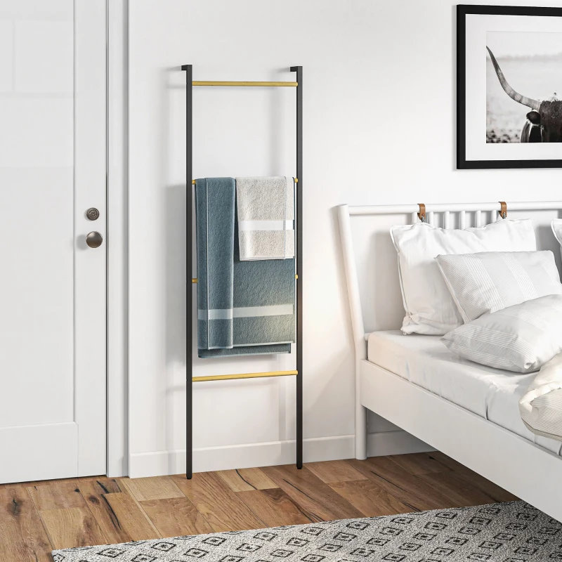 HOMCOM Towel Rack, freestanding, 4 Bars, 49x5.5x167.5cm, Black/Natural wood